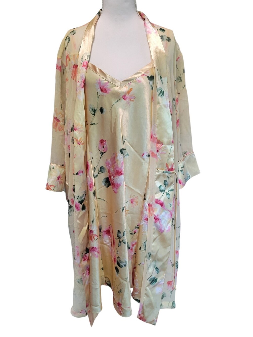 Delicates Yellow Floral Satin Slip Dress And Matching Robe
